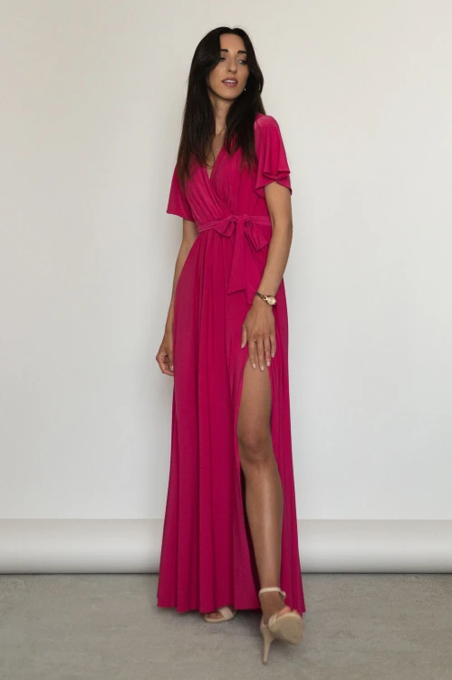 Chicago - sukienka maxi z dekoltem i rozcięciem fuksjowa - 4.jpg