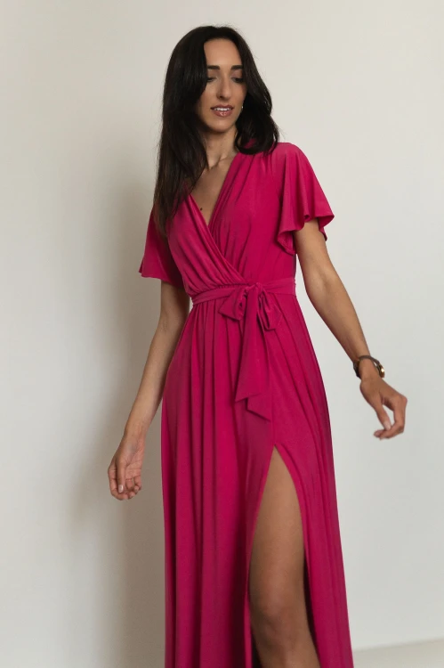 Chicago - sukienka maxi z dekoltem i rozcięciem fuksjowa - 5.jpg