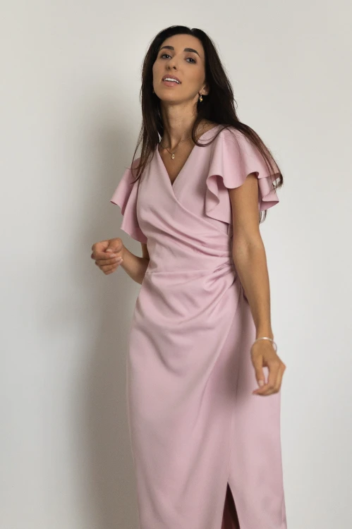 Marbella - kopertowa sukienka maxi z krótkim rękawem pudrowy róż - 2.jpg