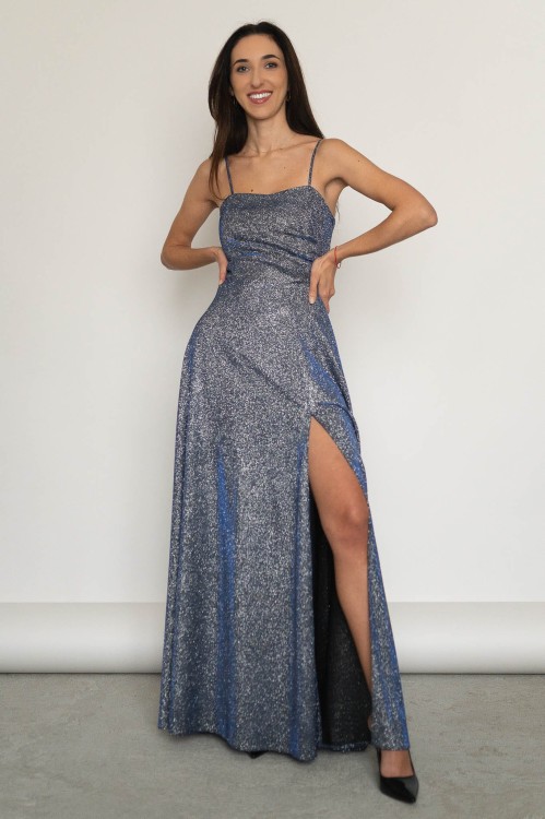 Taormina - błyszcząca sukienka maxi z wiązaniem na plecach srebrna - 3.jpg