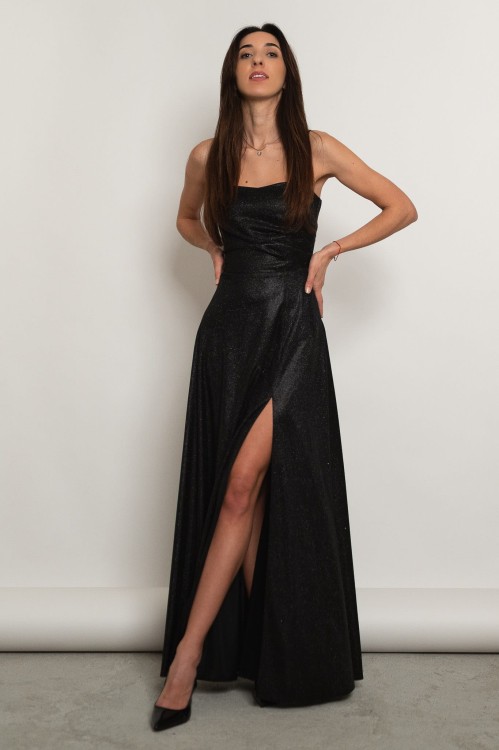 Taormina - błyszcząca sukienka maxi z wiązaniem na plecach czarna - 1.jpg