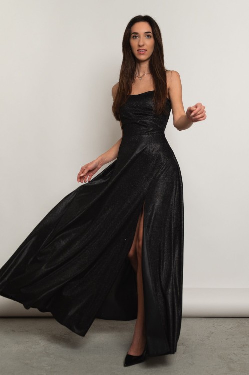 Taormina - błyszcząca sukienka maxi z wiązaniem na plecach czarna - 2.jpg