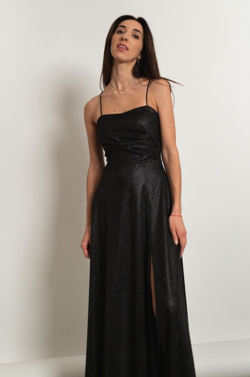 Taormina - błyszcząca sukienka maxi z wiązaniem na plecach czarna - 4.jpg