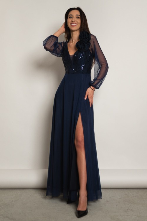 Cremona - tiulowa sukienka maxi z długim rękawem granatowa - 1.jpg