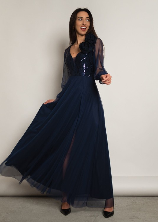 Cremona - tiulowa sukienka maxi z długim rękawem granatowa - 2.jpg