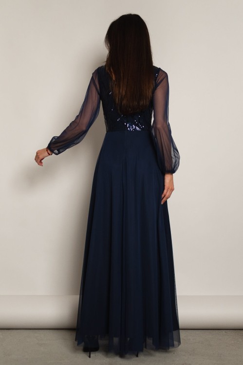 Cremona - tiulowa sukienka maxi z długim rękawem granatowa - 4.jpg