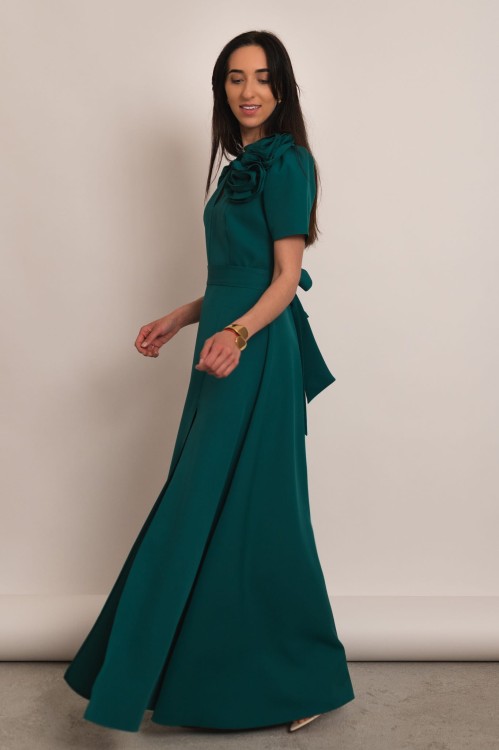 Aprilia - sukienka maxi z różami butelkowa zieleń - 2.jpg