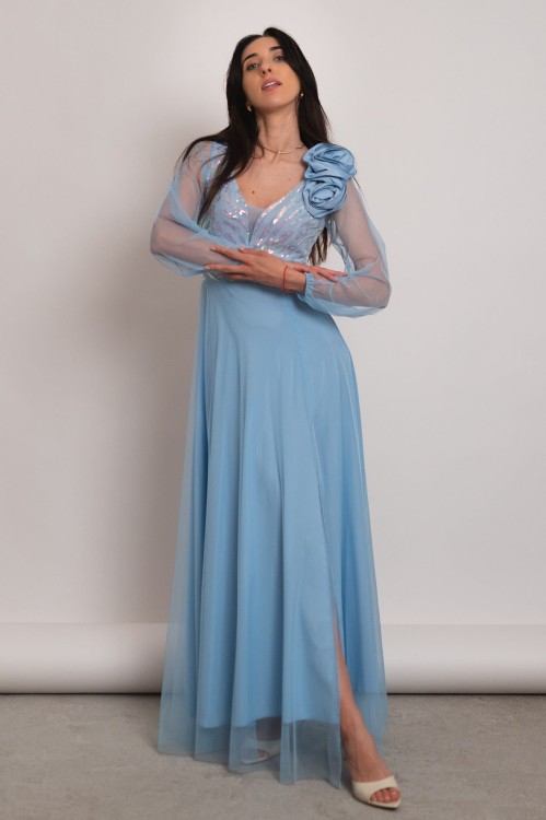 Cremona - tiulowa sukienka maxi z cekinami na długi rękaw błękitna - 1.jpg