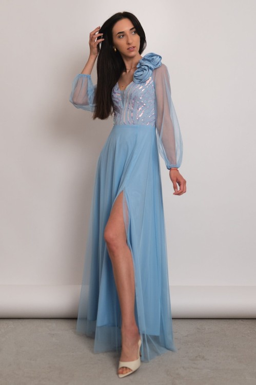Cremona - tiulowa sukienka maxi z cekinami na długi rękaw błękitna - 2.jpg