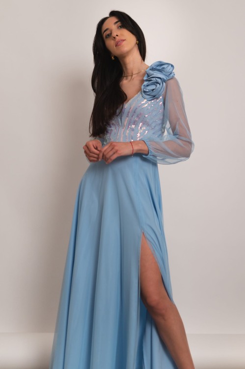 Cremona - tiulowa sukienka maxi z cekinami na długi rękaw błękitna - 3.jpg