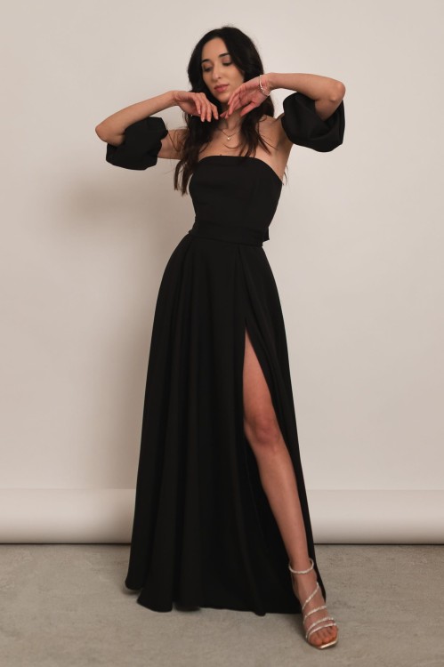 Peania - gorsetowa sukienka maxi z szalem i rękawkami czarna - 1.jpg