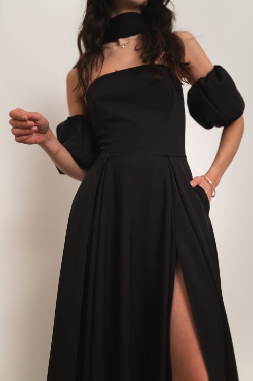 Peania - gorsetowa sukienka maxi z szalem i rękawkami czarna - 7.jpg