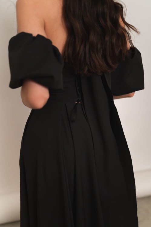 Peania - gorsetowa sukienka maxi z szalem i rękawkami czarna - 8.jpg