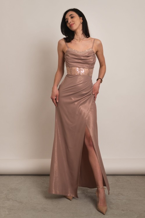 Kordoba - sukienka maxi z ozdobnym gorsetem z cekinami mokka - 1.jpg