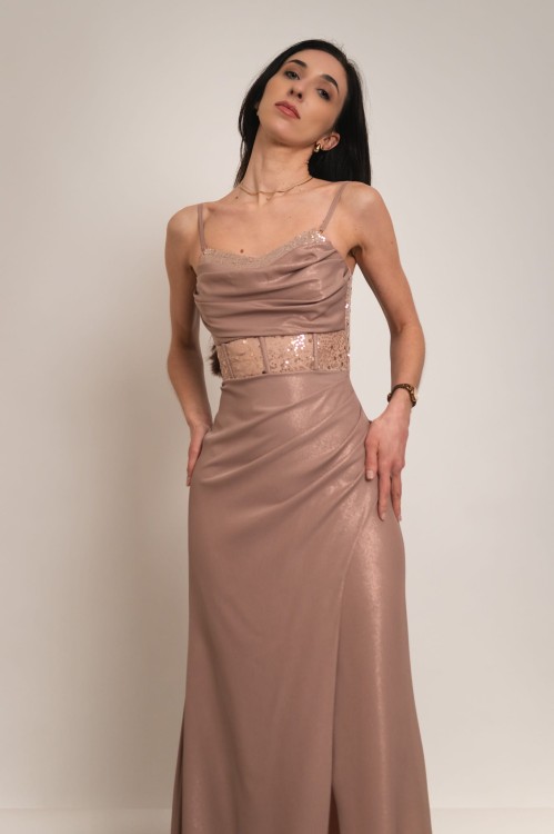 Kordoba - sukienka maxi z ozdobnym gorsetem z cekinami mokka - 2.jpg