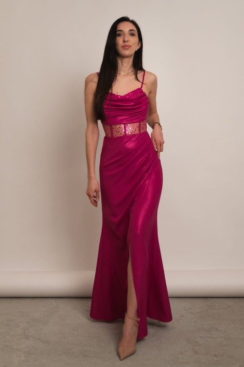 Kordoba - błyszcząca sukienka maxi z ozdobnym gorsetem z cekinami różowa - 1.jpg