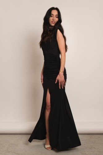 Perisa - drapowana sukienka maxi z rozcięciem bez rękawa czarna - 2.jpg