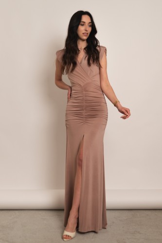 Perisa - drapowana sukienka maxi z rozcięciem bez rękawa beżowa - 1.jpg