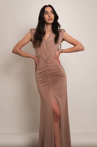 Perisa - drapowana sukienka maxi z rozcięciem bez rękawa beżowa - 2.jpg