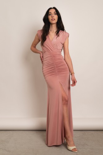 Perisa - drapowana sukienka maxi z rozcięciem bez rękawa pudrowy róż - 1.jpg