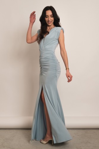 Perisa - drapowana sukienka maxi z rozcięciem bez rękawa w kolorze szałwiowym - 1.jpg