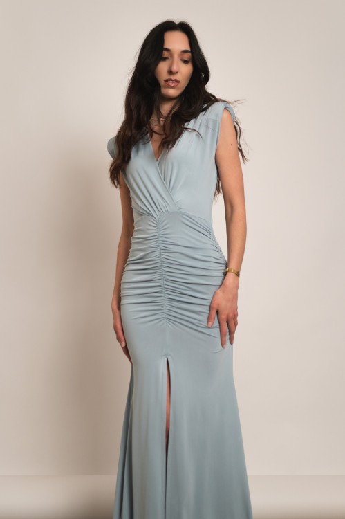 Perisa - drapowana sukienka maxi z rozcięciem bez rękawa w kolorze szałwiowym - 2.jpg