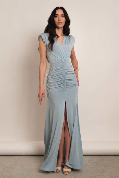 Perisa - drapowana sukienka maxi z rozcięciem bez rękawa w kolorze szałwiowym - 7.jpg