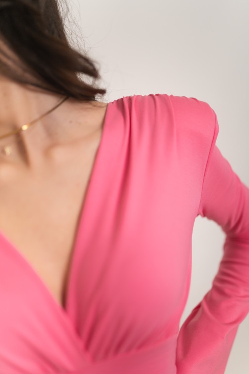 Arandis - drapowana sukienka mini z dzwonkowymi rękawami różowa - 13.jpg