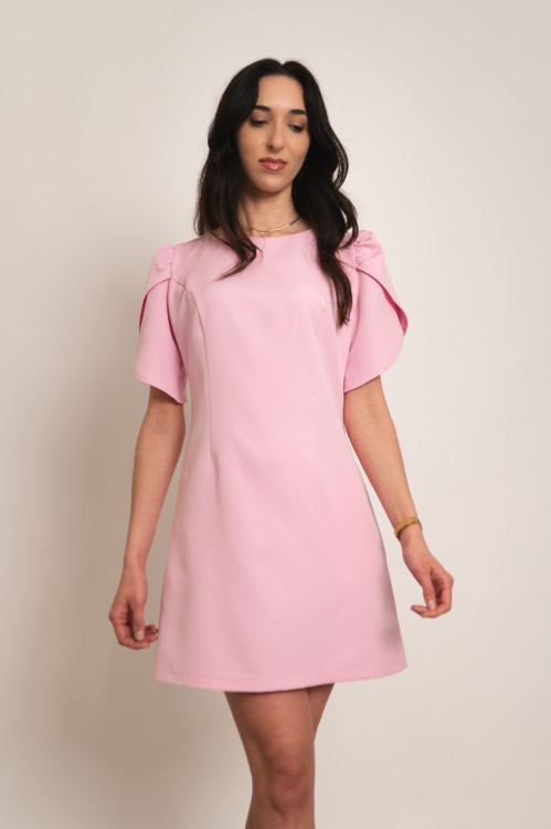Haga - wizytowa sukienka mini z krótkim rękawem pudrowy róż - 2.jpg