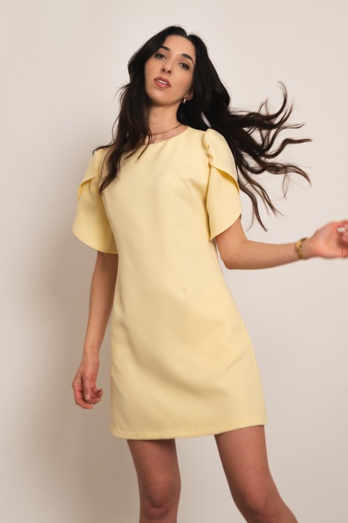 Haga - wizytowa sukienka mini z krótkim rękawem żółta - 4.jpg
