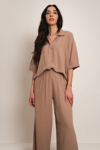 Chios - lniany komplet koszula oversize i szerokie spodnie ciemny beżowy 1.jpg