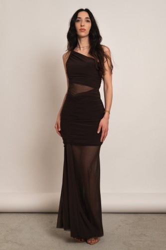 Melisia - sukienka maxi z asymetryczną górą i transparentną siateczką brązowa - 1.jpg