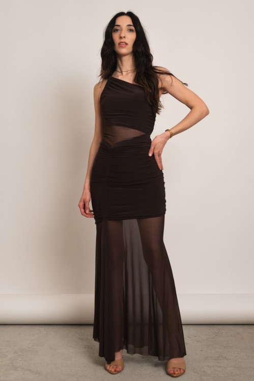 Melisia - sukienka maxi z asymetryczną górą i transparentną siateczką brązowa - 3.jpg