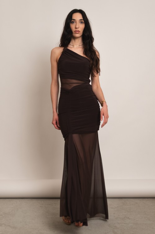 Melisia - sukienka maxi z asymetryczną górą i transparentną siateczką brązowa - 5.jpg