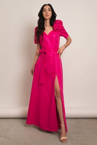 Tropea - błyszcząca sukienka maxi z różami fuksja - 1.jpg