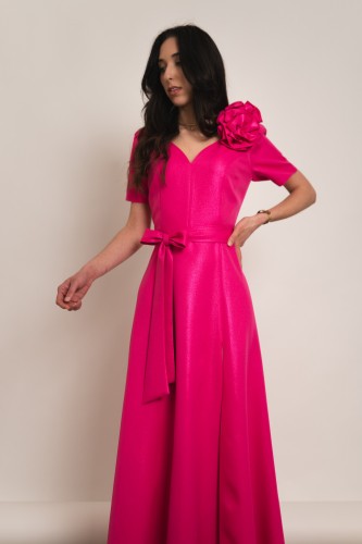 Tropea - błyszcząca sukienka maxi z różami fuksja - 2.jpg