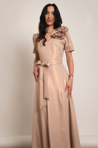 Tropea - błyszcząca sukienka maxi z różami beżowa - 2.jpg