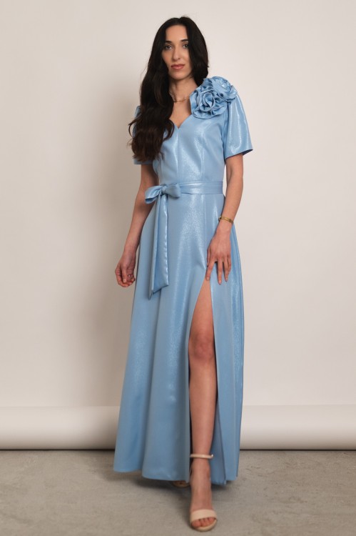 Tropea - błyszcząca sukienka maxi z różami błękitna - 3.jpg