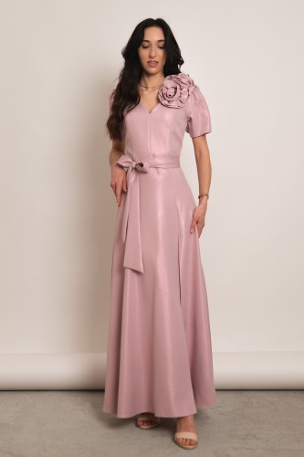 Tropea - błyszcząca sukienka maxi z różami pudrowy róż - 2.jpg