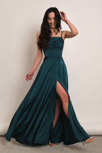 Artemida - satynowa sukienka maxi z dekoltem woda i gorsetem butelkowa zieleń - 1.jpg