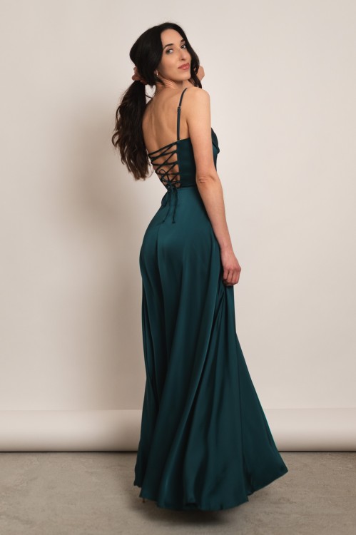Artemida - satynowa sukienka maxi z dekoltem woda i gorsetem butelkowa zieleń - 2.jpg