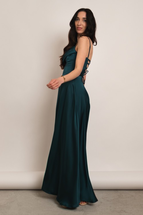 Artemida - satynowa sukienka maxi z dekoltem woda i gorsetem butelkowa zieleń - 4.jpg