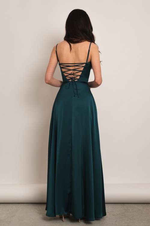 Artemida - satynowa sukienka maxi z dekoltem woda i gorsetem butelkowa zieleń - 6.jpg