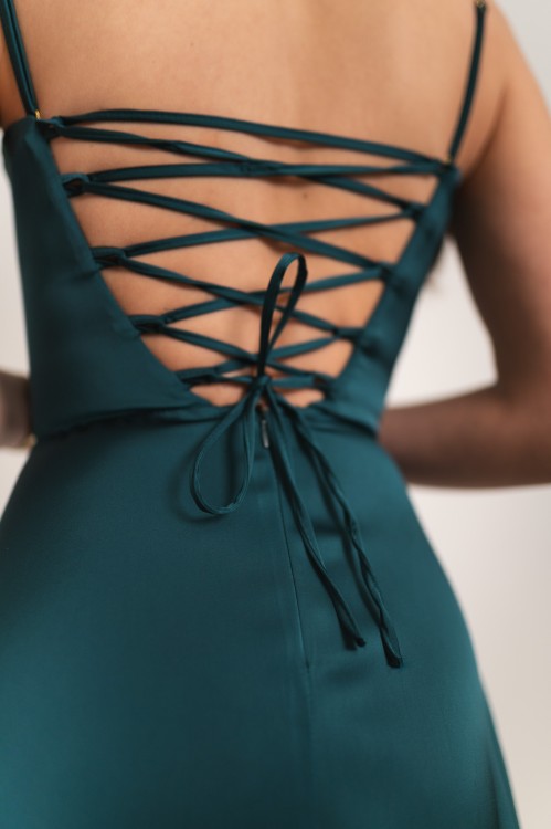 Artemida - satynowa sukienka maxi z dekoltem woda i gorsetem butelkowa zieleń - 10.jpg