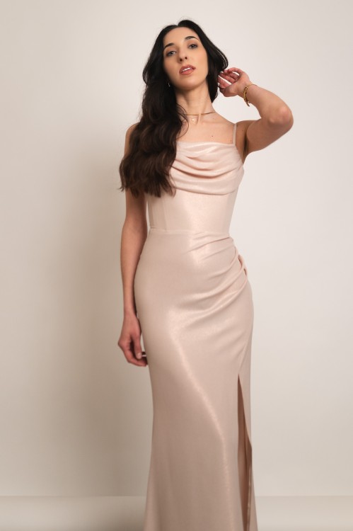 Grenada - błyszcząca gorsetowa sukienka maxi syrenka beżowa - 2.jpg