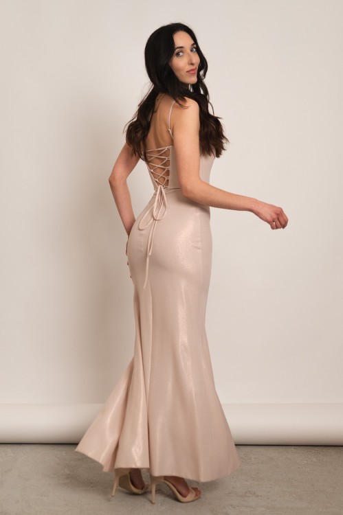 Grenada - błyszcząca gorsetowa sukienka maxi syrenka beżowa - 3.jpg