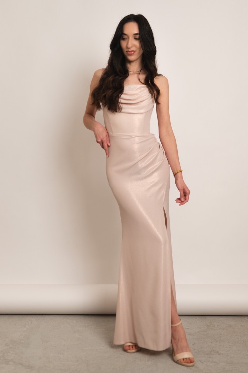 Grenada - błyszcząca gorsetowa sukienka maxi syrenka beżowa - 4.jpg