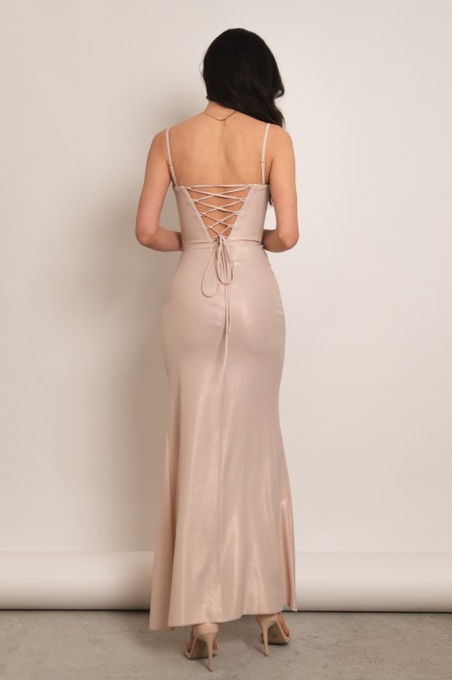 Grenada - błyszcząca gorsetowa sukienka maxi syrenka beżowa - 5.jpg