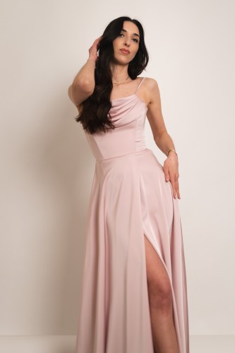Artemida - satynowa sukienka maxi z dekoltem woda i gorsetem pudrowy róż - 2.jpg