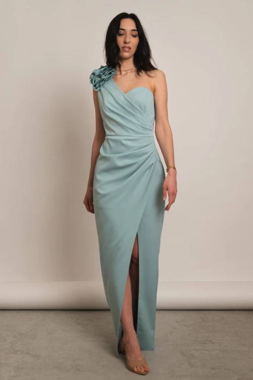 Liwadia - asymetryczna sukienka maxi z kwiatem miętowa - 1.jpg